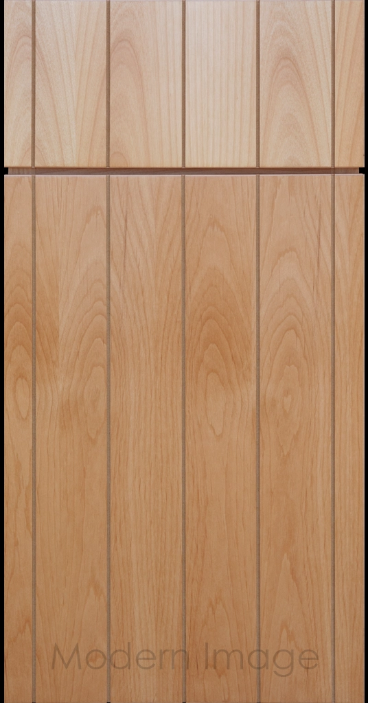 Front view of a Brooklyn style Grooved Flat Panel Cabinet Door and Drawer finished in Naatural Stain.